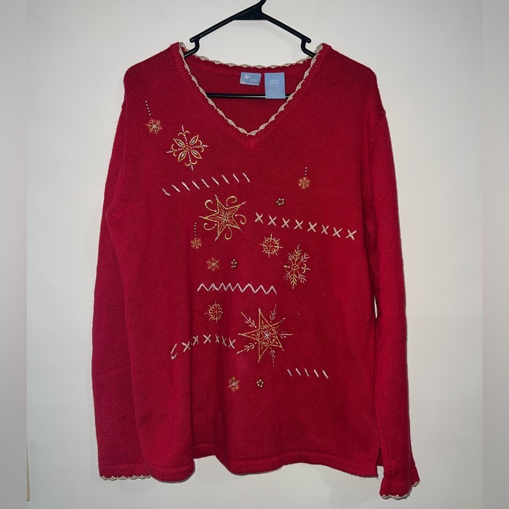 Holiday Editions Red with Gold Snow Flakes Christmas Sweater Size large
